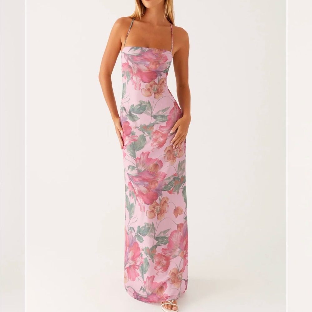 Peppermayo Pink Floral Slip Maxi Dress with Green Leaf Print
